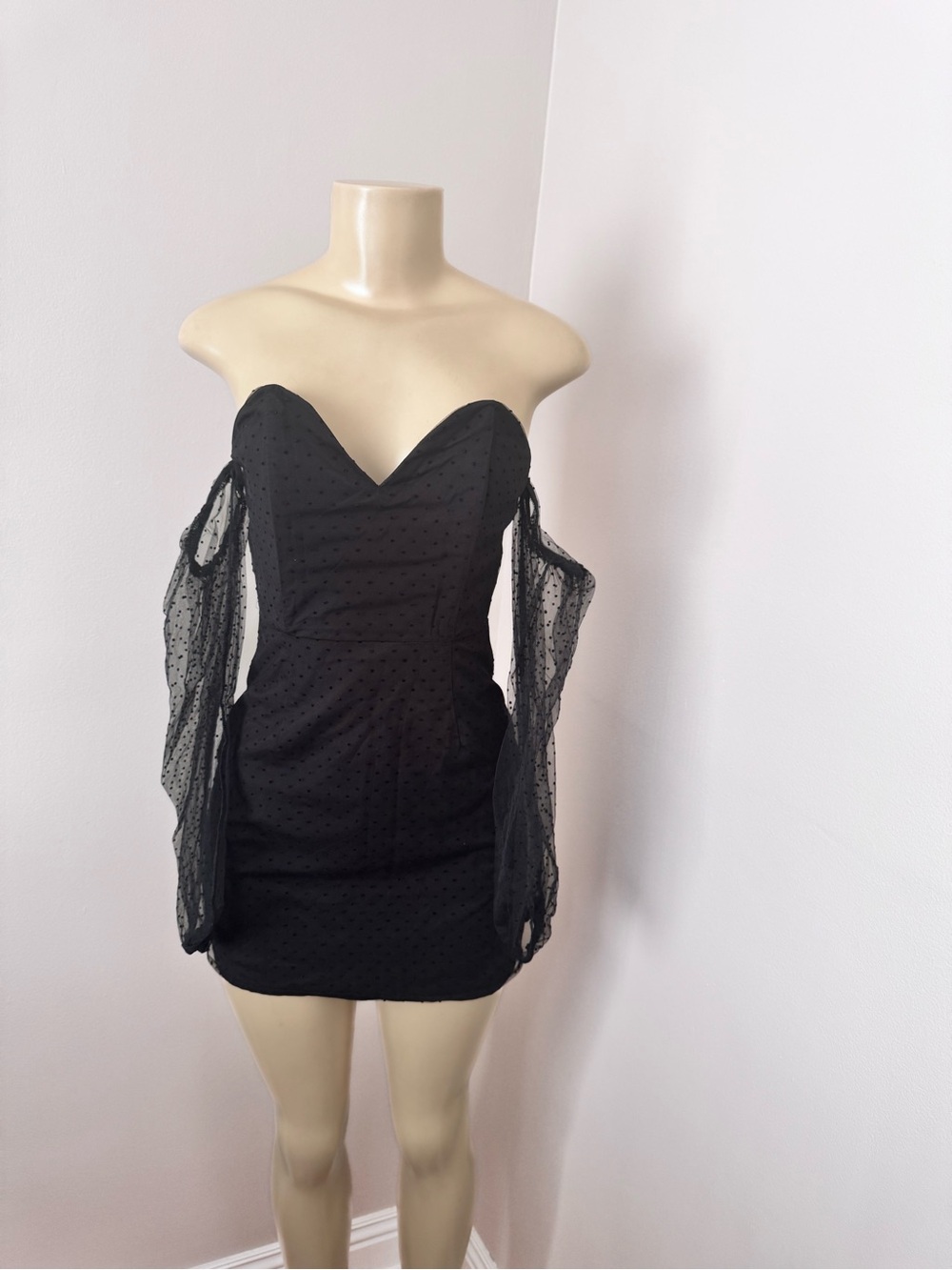 Hello Molly Black Strapless Sweetheart Dot-Sheer Sleeve Mini Dress